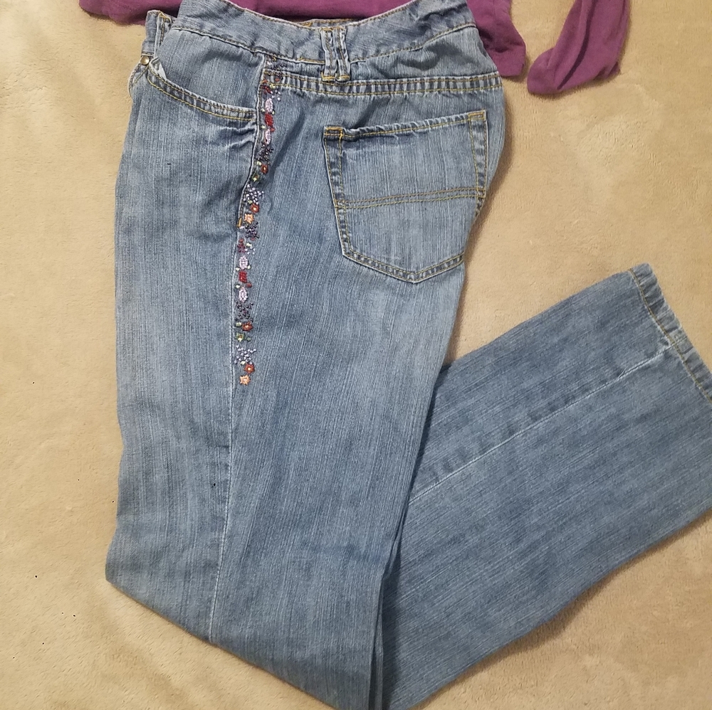 Embroidery and bead embellished jeans